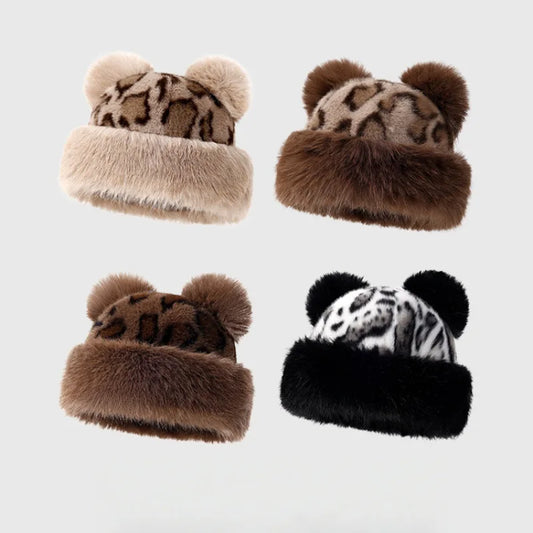Leopard bear ear plush hat